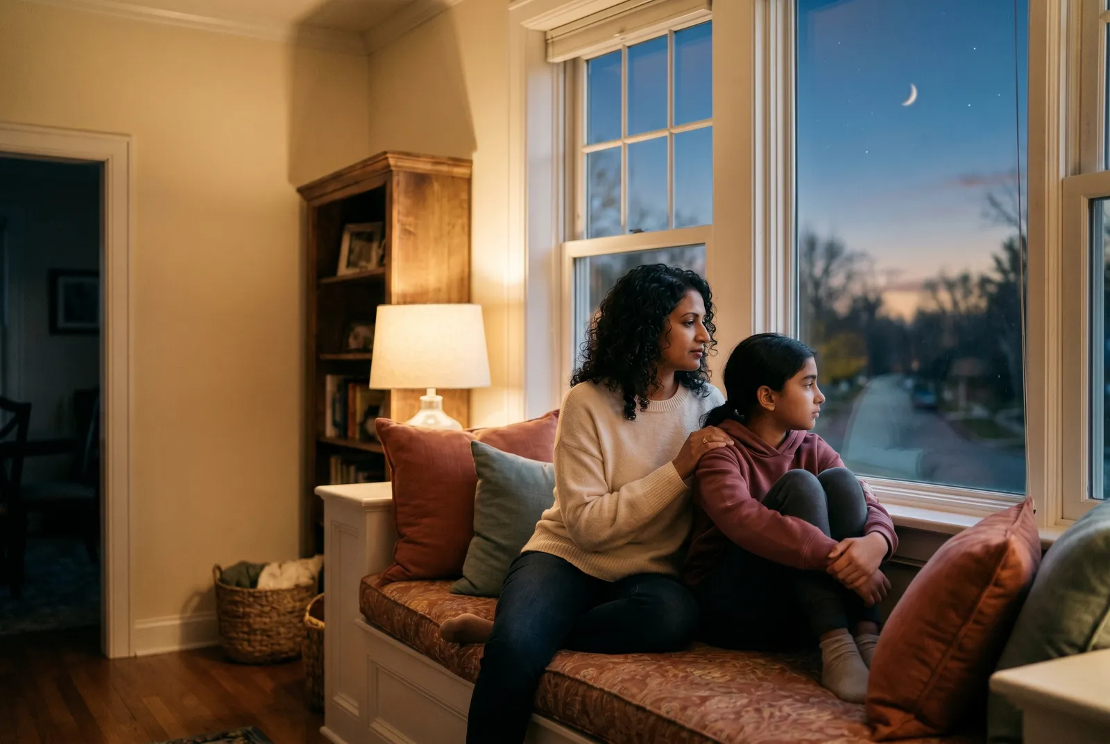 A mother sits with her preteen child by a window at dusk, a calm moment for parents considering therapy for their child.