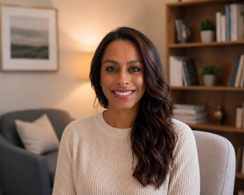 Darshana Patel in the Clear Moon Therapy session space in Etobicoke — warm lamplight, books, and a soft armchair