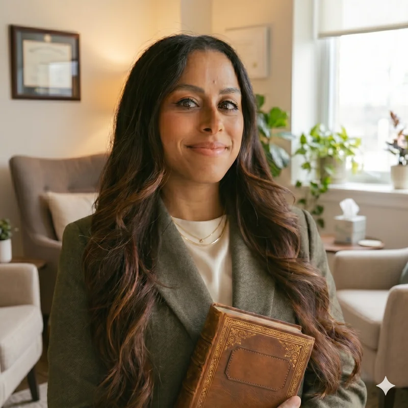Darshana Patel at the Clear Moon Therapy office in Etobicoke, holding a therapy journal