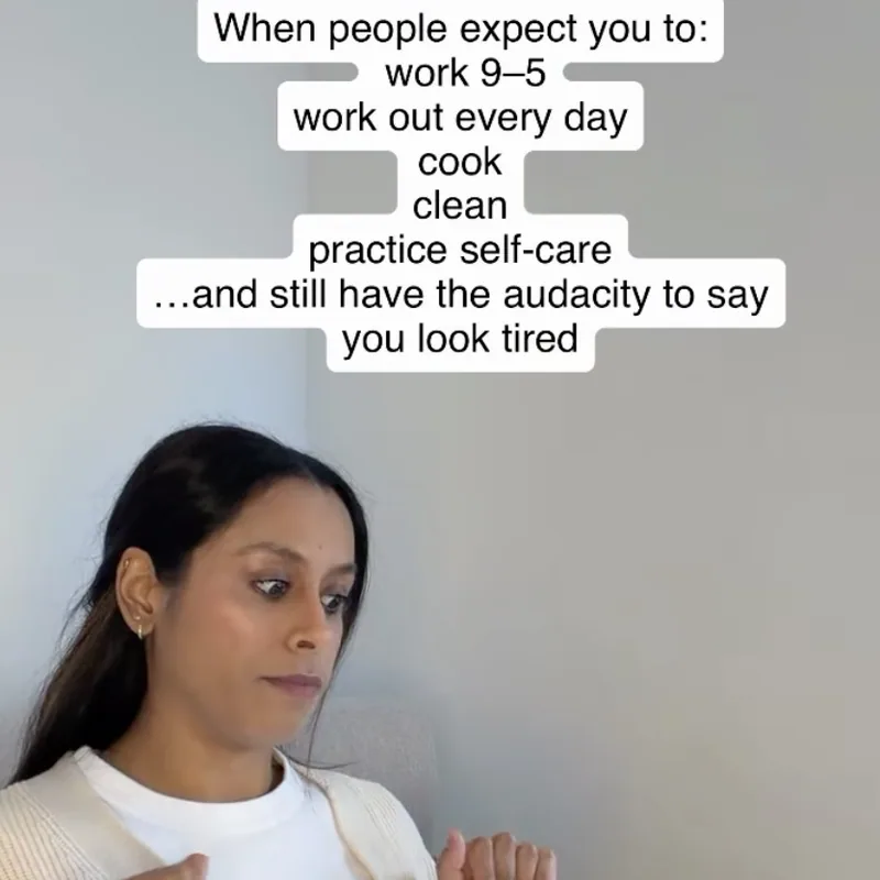 Clear Moon Therapy reel on burnout — expected to work, work out, cook, clean, practice self-care, and still be told you look tired