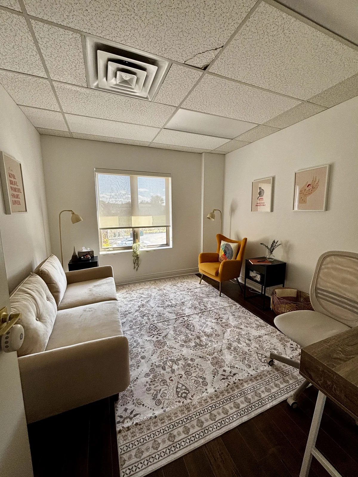 Therapy office interior at Clear Moon Therapy in Etobicoke, showing the main seating area