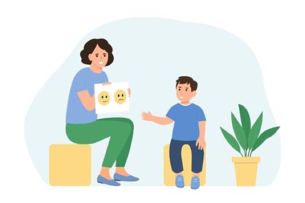 Illustration of a therapist sitting with a child, showing pictures and engaging in playful conversation