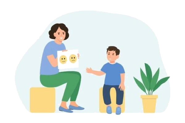 Children's therapy illustration — therapist sitting with a child, showing pictures and engaging in playful conversation