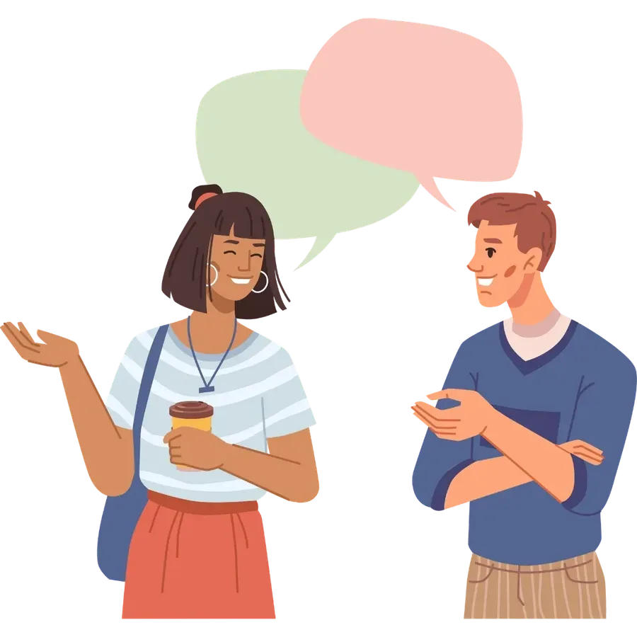 Illustration of two people standing across from each other in conversation, with overlapping speech bubbles