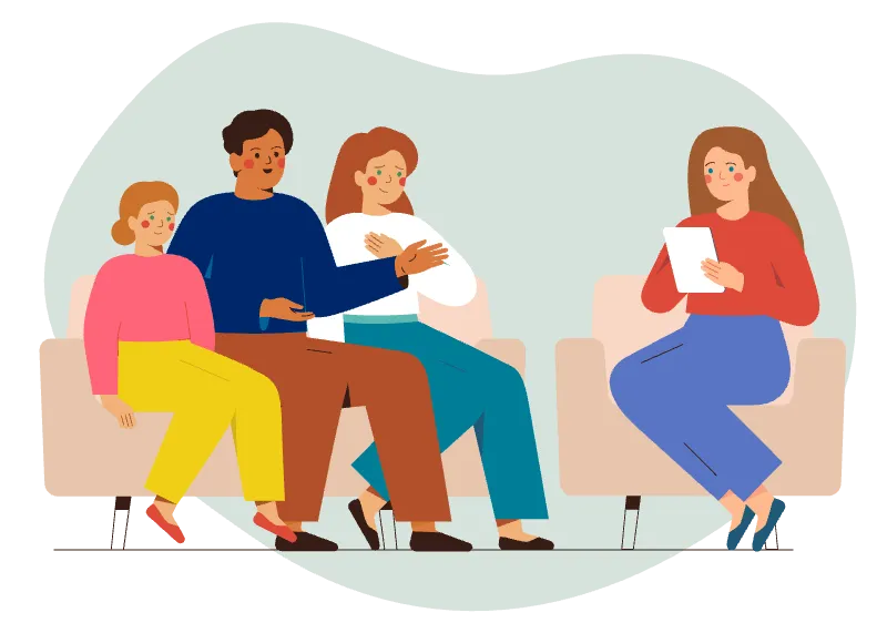 Illustration of a family of four — two parents and two children — gathered together in a warm domestic scene