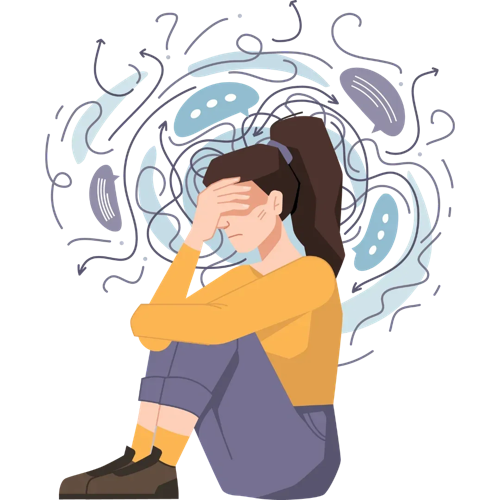Illustration of a person sitting with knees pulled in, head resting on a hand, with soft squiggle marks suggesting overwhelm